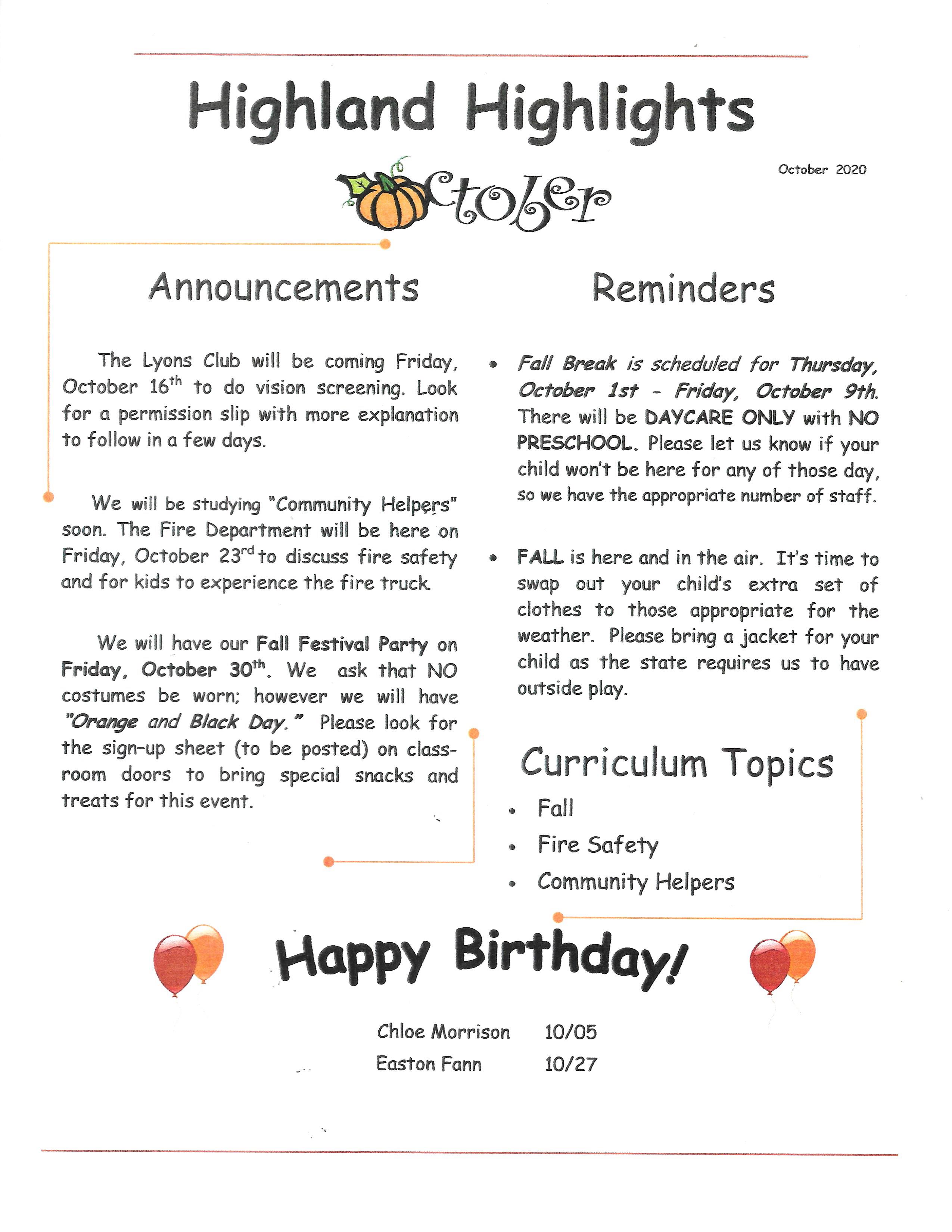 Child Development Center Monthly Newsletter