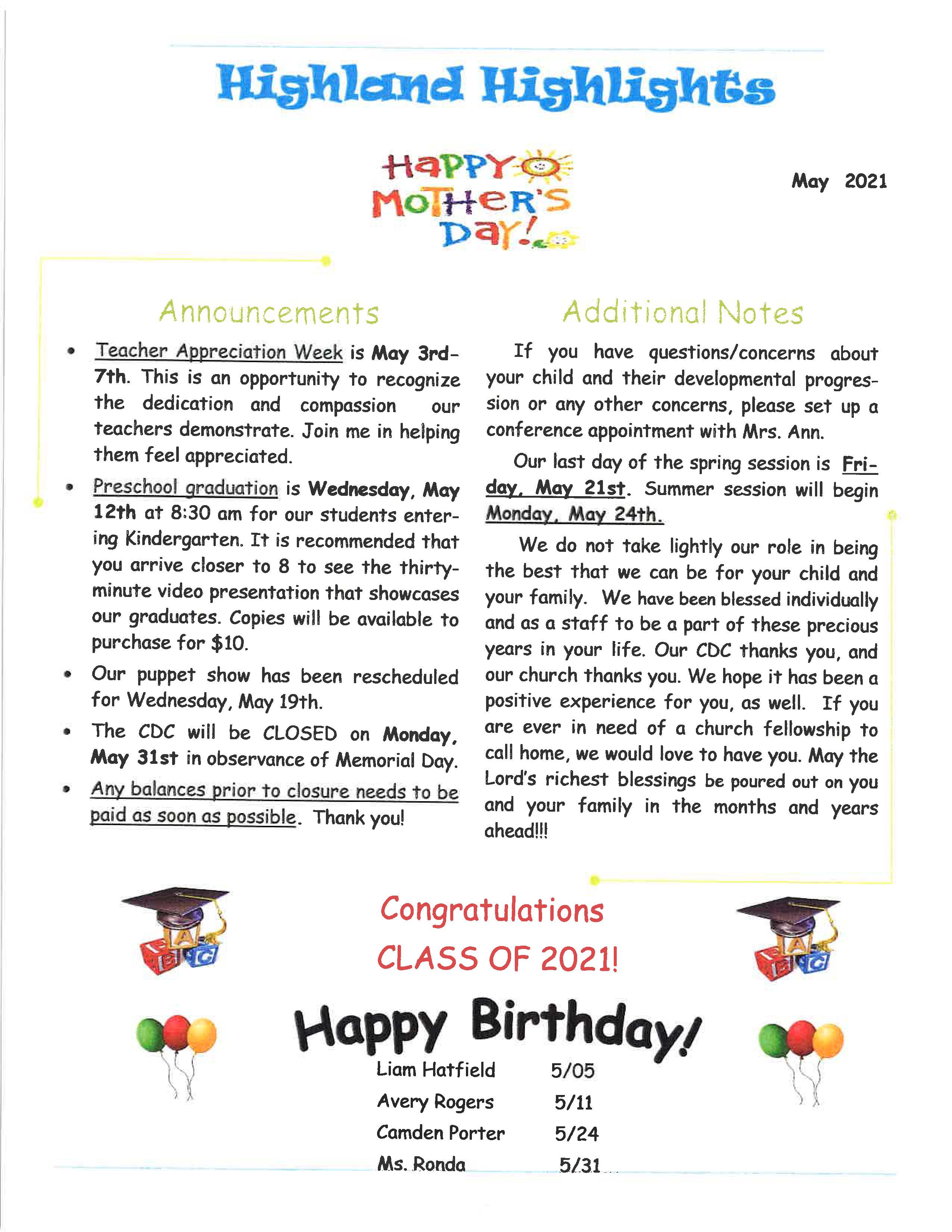 Child Development Center Monthly Newsletter